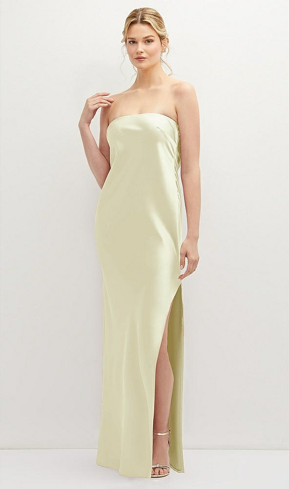 Front View - Butter Yellow Strapless Pull-On Satin Column Dress with Side Seam Slit
