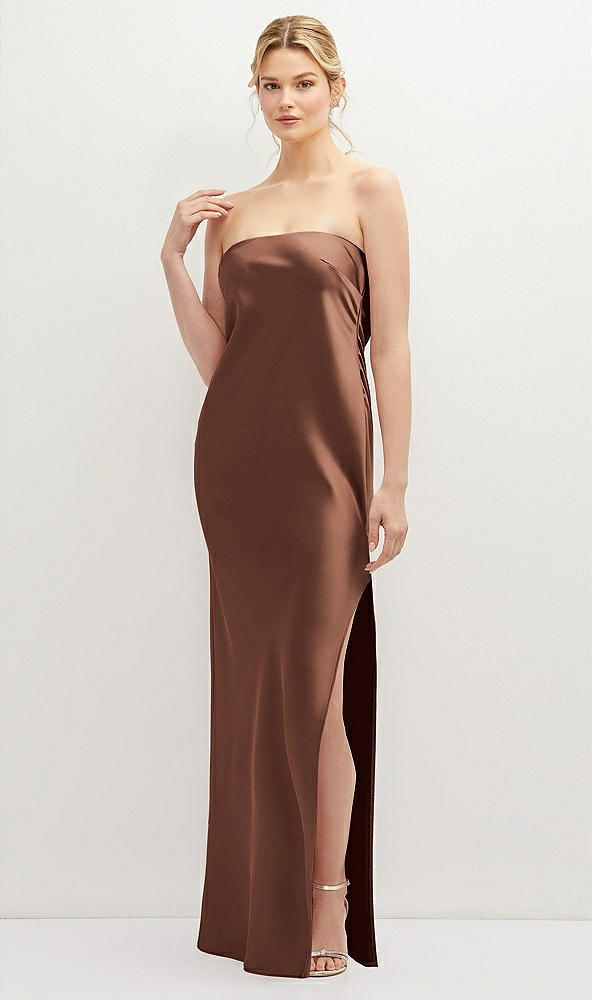 Front View - Cognac Strapless Pull-On Satin Column Dress with Side Seam Slit