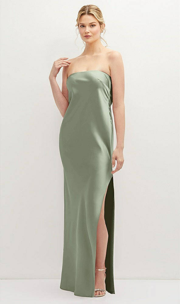 Front View - Sage Strapless Pull-On Satin Column Dress with Side Seam Slit