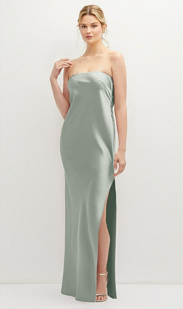 Front View - Willow Green Strapless Pull-On Satin Column Dress with Side Seam Slit