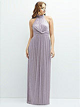 Front View Thumbnail - Metallic Lilac Haze Band Collar Halter Open-Back Metallic Pleated Maxi Dress