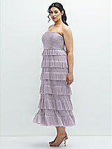 Side View Thumbnail - Metallic Lilac Haze Ruffle Tiered Skirt Metallic Pleated Strapless Midi Dress