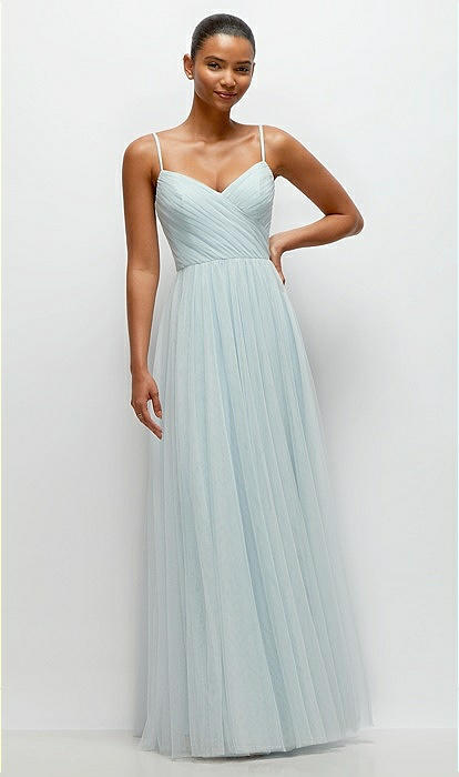 Ruched Wrap Bodice Tulle Maxi Bridesmaid Dress With Full Skirt In