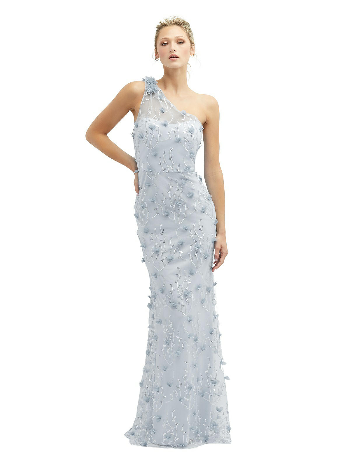 One-shoulder Fit And Flare 3d Floral Embroidered Bridesmaid Dress