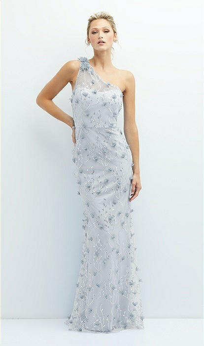 One-shoulder Fit And Flare 3d Floral Embroidered Bridesmaid Dress