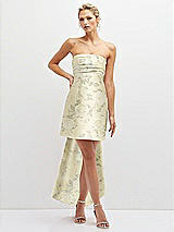 Front View Thumbnail - Butter Yellow Floral Floral Strapless Satin Column Mini Dress with Oversized Bow