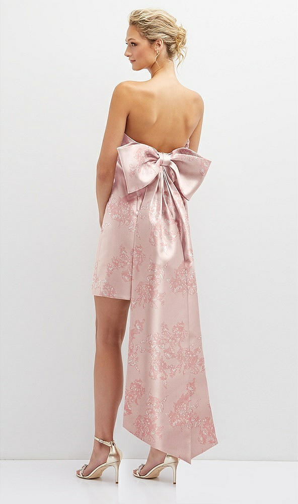 Back View - Bow And Blossom Print Floral Strapless Satin Column Mini Dress with Oversized Bow