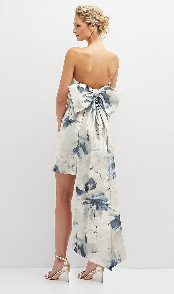 Back View - Inkwash Blue Floral Floral Strapless Satin Column Mini Dress with Oversized Bow