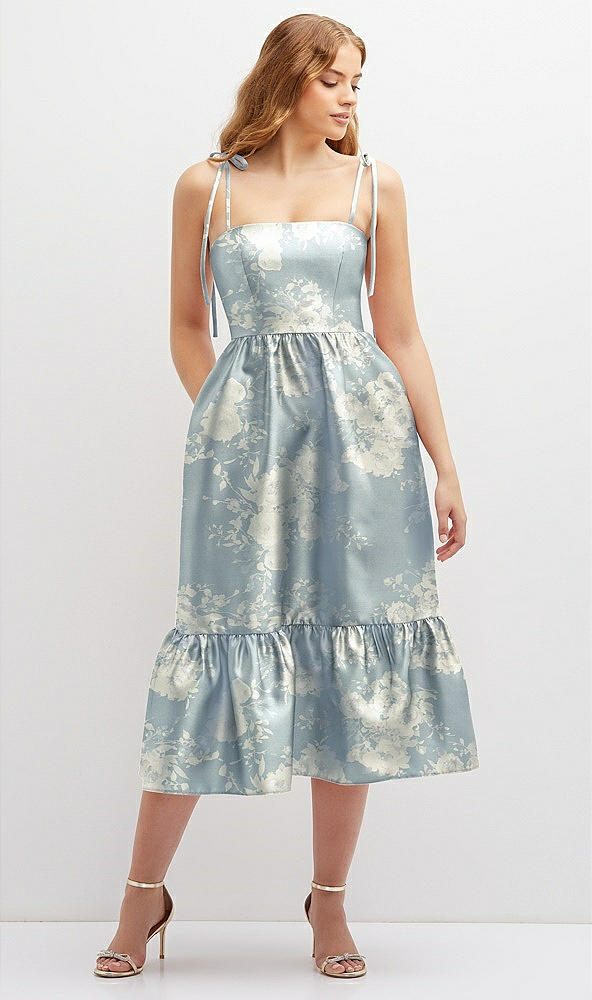 Front View - Porcelain Blue Seraphina Floral Floral Shirred Ruffle Hem Midi Dress with Self-Tie Spaghetti Straps and Pockets