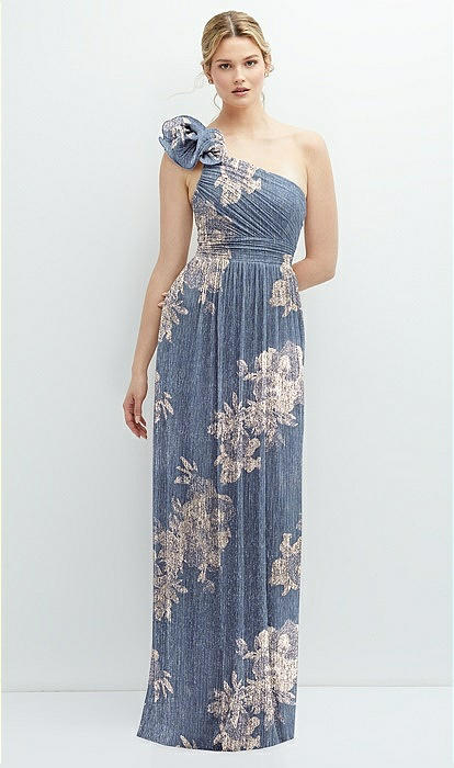 Dramatic Ruffle Edge One-shoulder Metallic Pleated Maxi