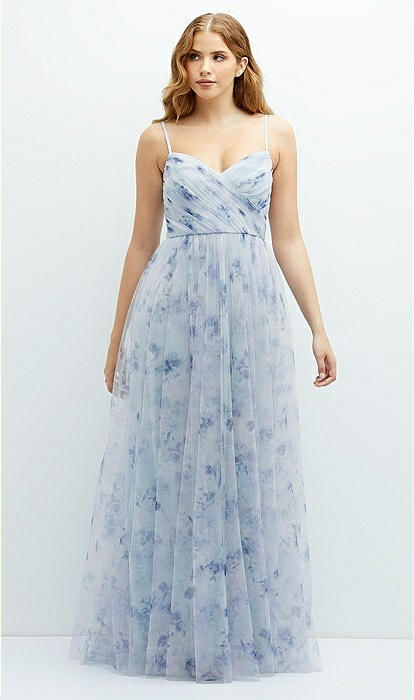 Floral Ruched Wrap Bodice Tulle Bridesmaid Dress With Long Full