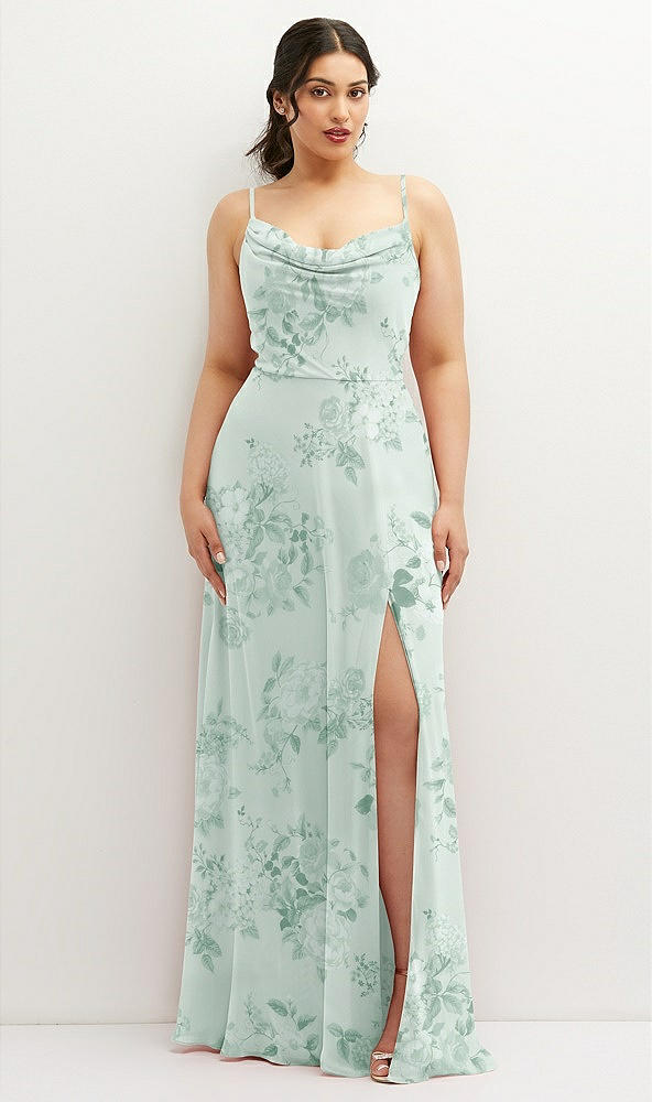 Front View - Mint Green Floral Soft Cowl-Neck A-Line Maxi Dress with Adjustable Straps