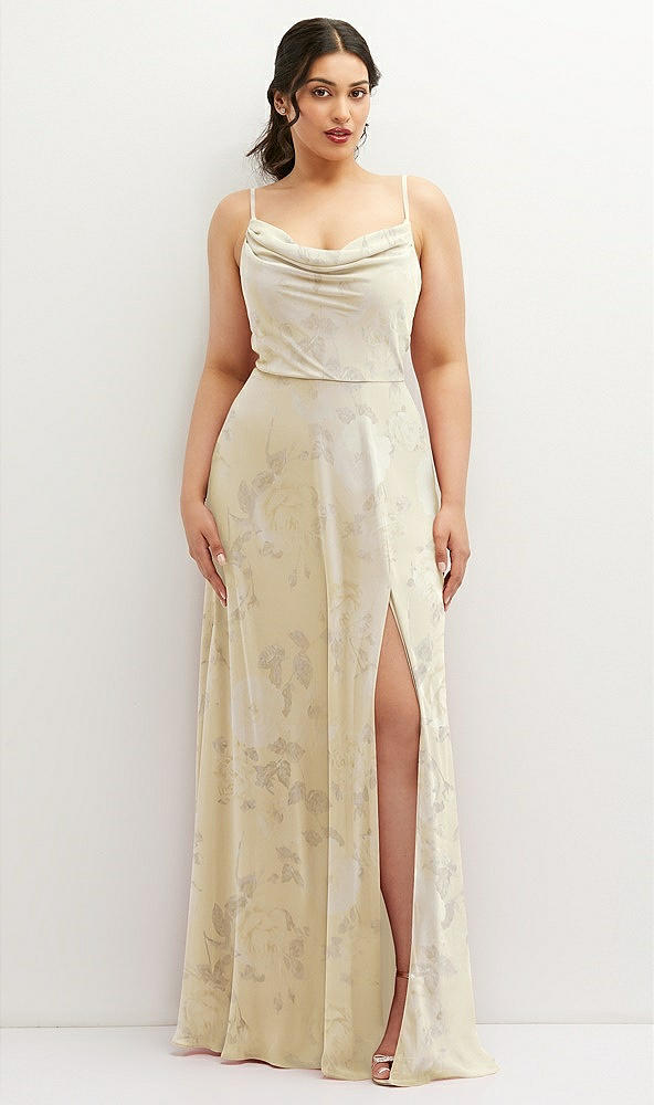 Front View - Butter Yellow Floral Soft Cowl-Neck A-Line Maxi Dress with Adjustable Straps