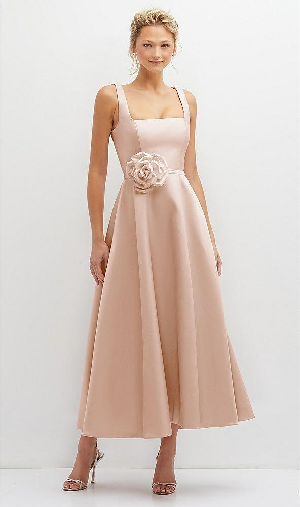 Front View - Cameo Square Neck Satin Midi Dress with Full Skirt & Flower Sash