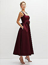 Side View Thumbnail - Cabernet Square Neck Satin Midi Dress with Full Skirt & Flower Sash