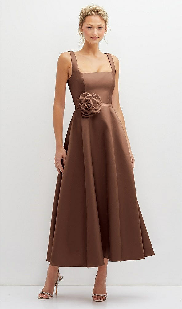 Front View - Cognac Square Neck Satin Midi Dress with Full Skirt & Flower Sash