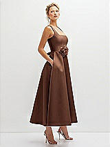 Side View Thumbnail - Cognac Square Neck Satin Midi Dress with Full Skirt & Flower Sash