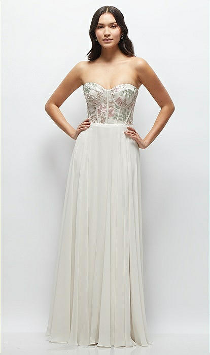 Strapless Floral Embroidered Corset Maxi Bridesmaid Dress With