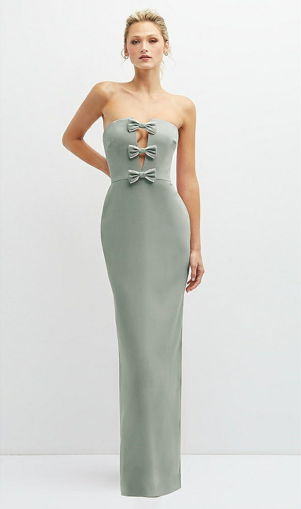 Front View - Willow Green Rhinestone Bow Trimmed Peek-a-Boo Deep-V Maxi Dress with Pencil Skirt