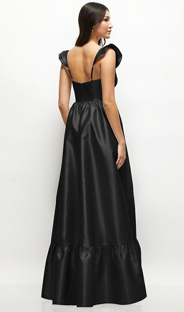Back View - Black Satin Corset Maxi Dress with Ruffle Straps & Skirt