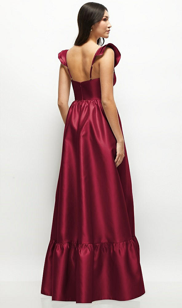 Back View - Burgundy Satin Corset Maxi Dress with Ruffle Straps & Skirt