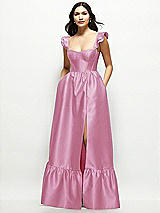 Front View Thumbnail - Powder Pink Satin Corset Maxi Dress with Ruffle Straps & Skirt