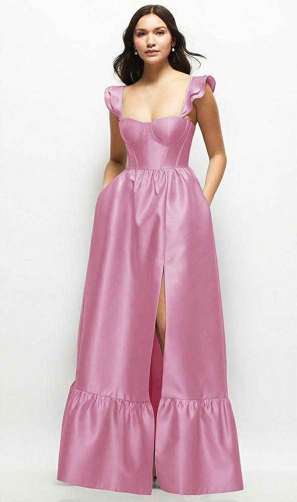 Front View - Powder Pink Satin Corset Maxi Dress with Ruffle Straps & Skirt
