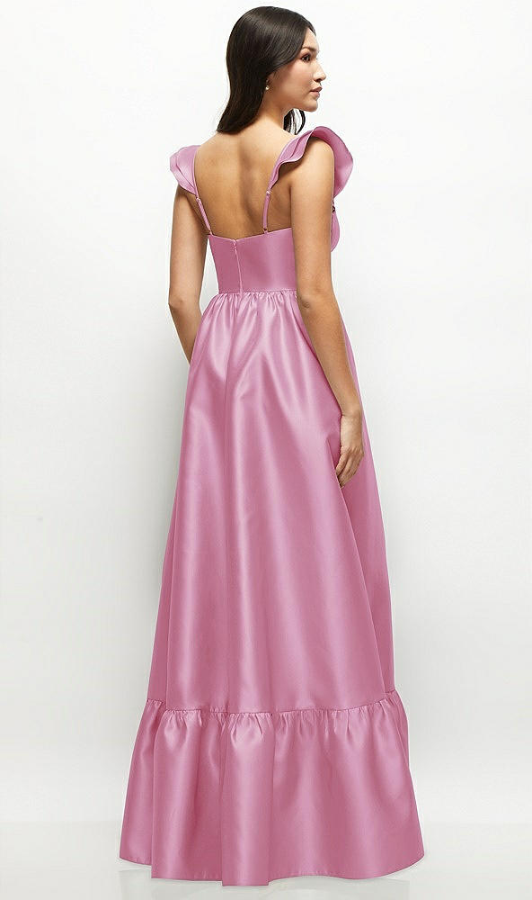 Back View - Powder Pink Satin Corset Maxi Dress with Ruffle Straps & Skirt
