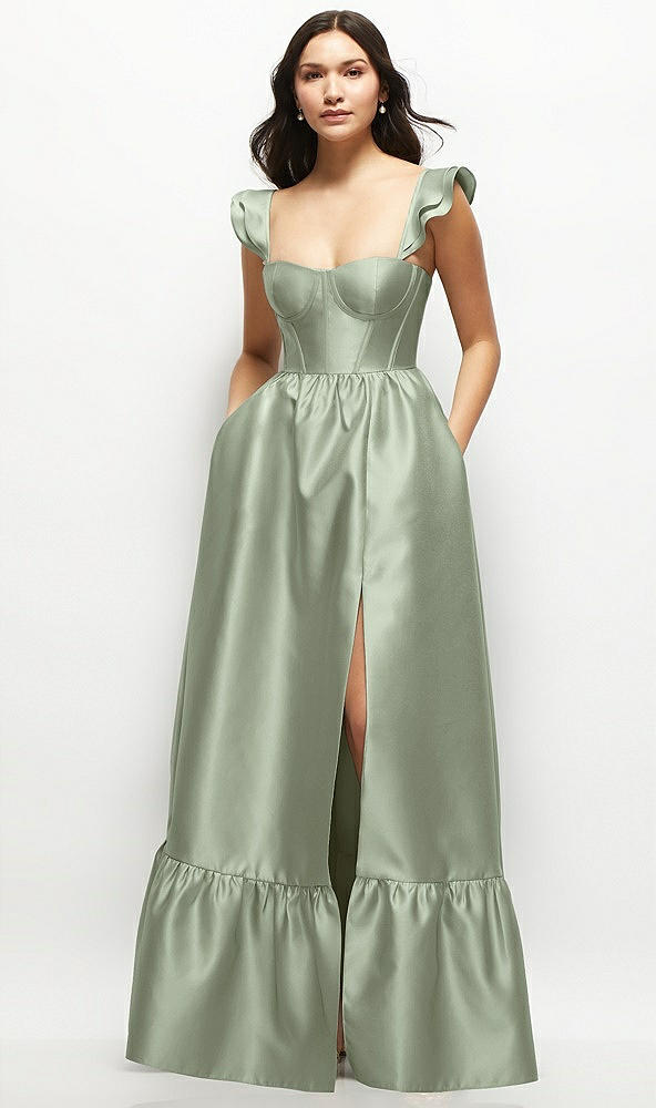 Front View - Sage Satin Corset Maxi Dress with Ruffle Straps & Skirt