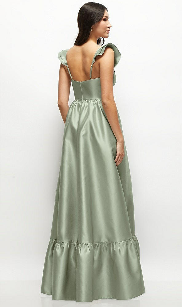 Back View - Sage Satin Corset Maxi Dress with Ruffle Straps & Skirt