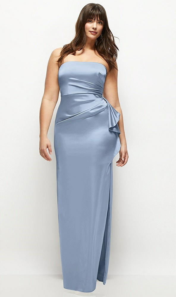 Front View - Cloudy Strapless Draped Skirt Satin Maxi Dress with Cascade Ruffle