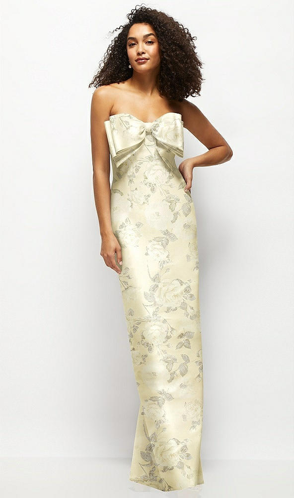 Front View - Butter Yellow Floral Strapless Floral Satin Column Maxi Dress with Oversized Bow