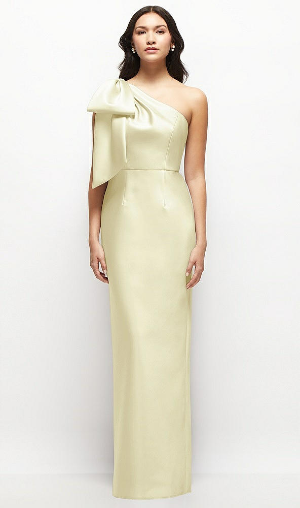 Front View - Butter Yellow Oversized Bow One-Shoulder Satin Column Maxi Dress