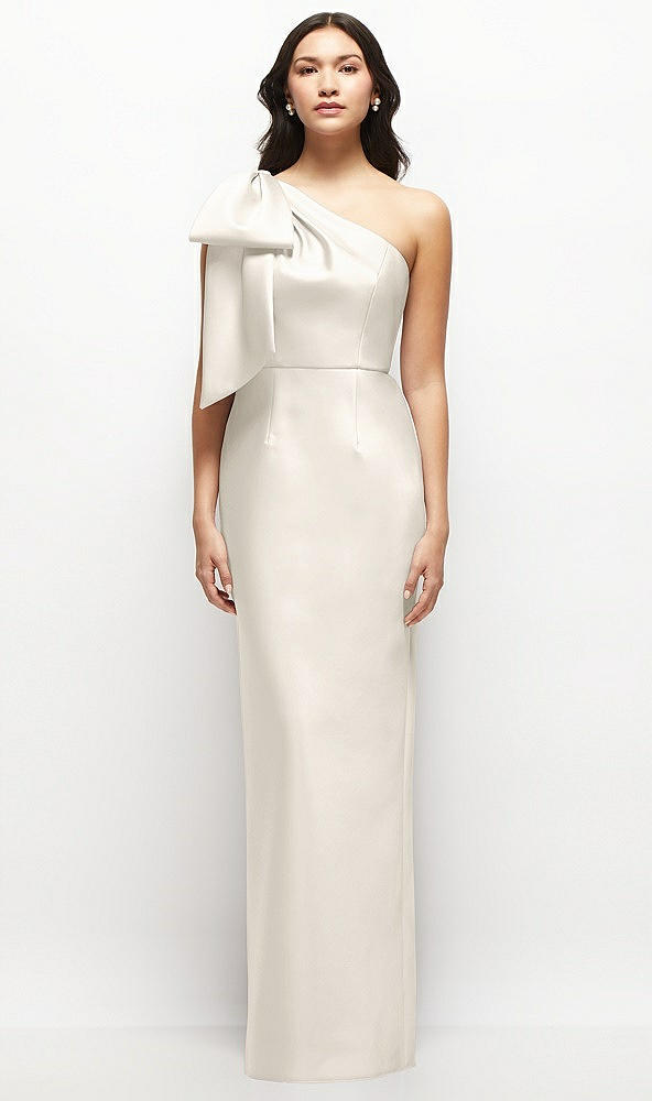 Front View - Ivory Oversized Bow One-Shoulder Satin Column Maxi Dress