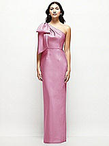 Front View Thumbnail - Powder Pink Oversized Bow One-Shoulder Satin Column Maxi Dress