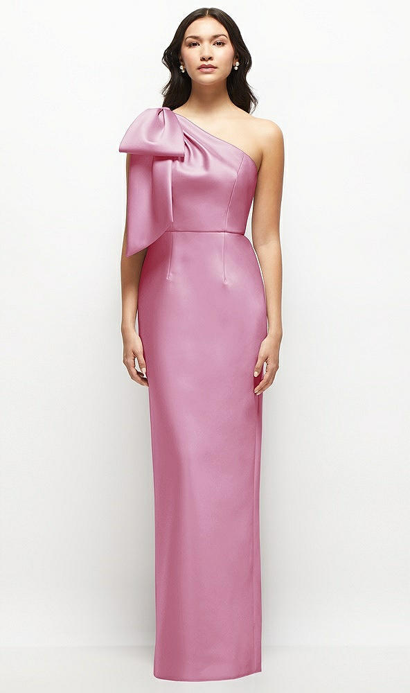 Front View - Powder Pink Oversized Bow One-Shoulder Satin Column Maxi Dress