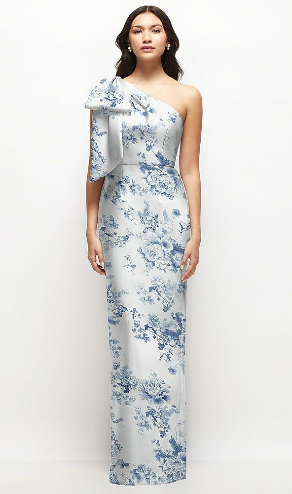 Front View - Cottage Rose Larkspur Oversized Bow One-Shoulder Floral Satin Column Maxi Dress