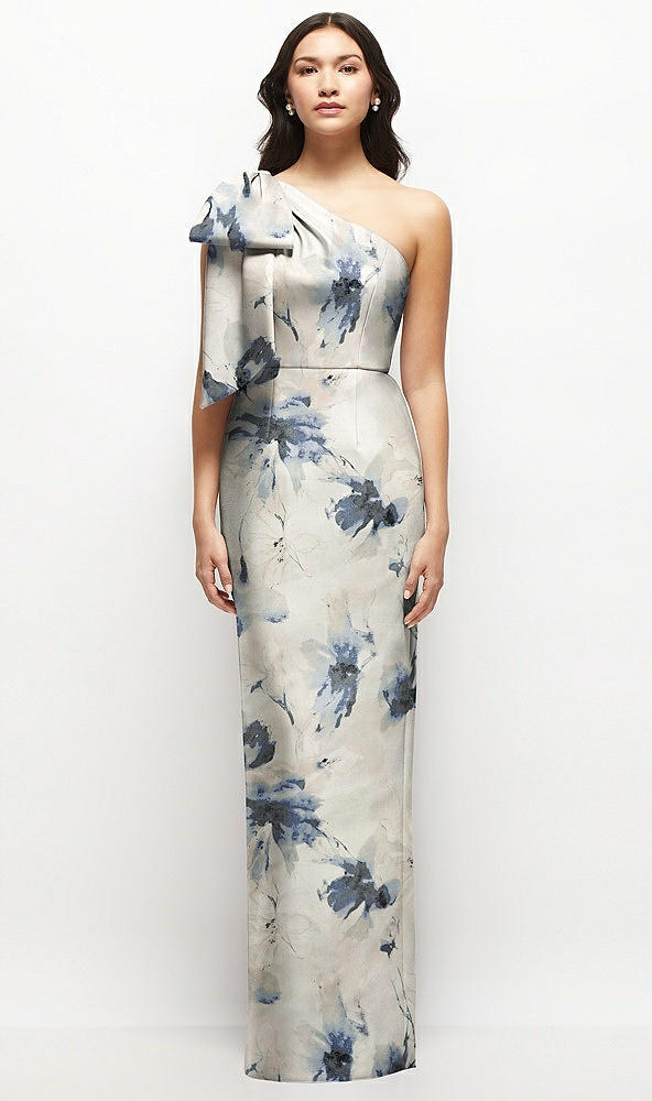Front View - Inkwash Blue Floral Oversized Bow One-Shoulder Floral Satin Column Maxi Dress