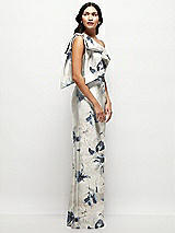 Side View Thumbnail - Inkwash Blue Floral Oversized Bow One-Shoulder Floral Satin Column Maxi Dress