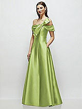 Side View Thumbnail - Mojito Asymmetrical Bow Off-Shoulder Satin Gown with Ballroom Skirt
