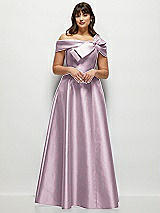 Alt View 1 Thumbnail - Suede Rose Asymmetrical Bow Off-Shoulder Satin Gown with Ballroom Skirt