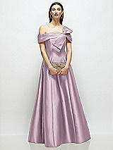 Front View Thumbnail - Suede Rose Asymmetrical Bow Off-Shoulder Satin Gown with Ballroom Skirt