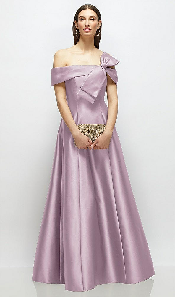 Front View - Suede Rose Asymmetrical Bow Off-Shoulder Satin Gown with Ballroom Skirt