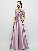 Side View Thumbnail - Suede Rose Asymmetrical Bow Off-Shoulder Satin Gown with Ballroom Skirt