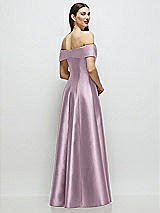 Rear View Thumbnail - Suede Rose Asymmetrical Bow Off-Shoulder Satin Gown with Ballroom Skirt