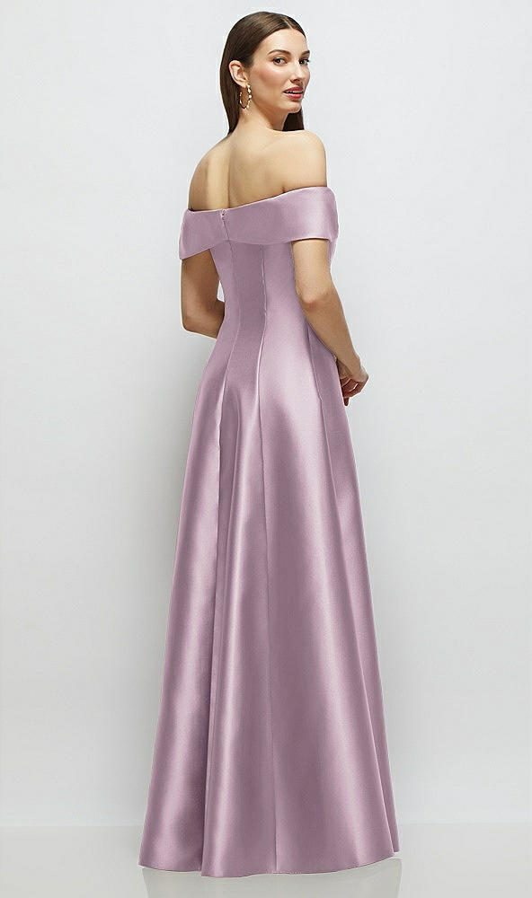 Back View - Suede Rose Asymmetrical Bow Off-Shoulder Satin Gown with Ballroom Skirt