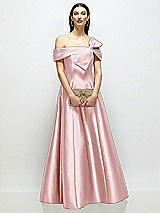 Front View Thumbnail - Ballet Pink Asymmetrical Bow Off-Shoulder Satin Gown with Ballroom Skirt