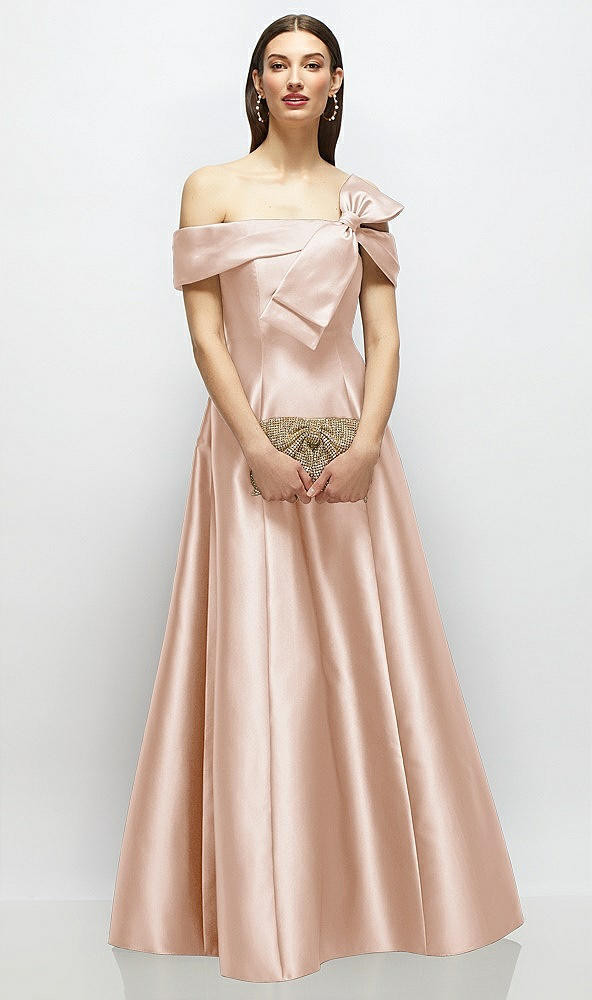Front View - Cameo Asymmetrical Bow Off-Shoulder Satin Gown with Ballroom Skirt