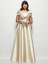 Alt View 1 Thumbnail - Champagne Asymmetrical Bow Off-Shoulder Satin Gown with Ballroom Skirt