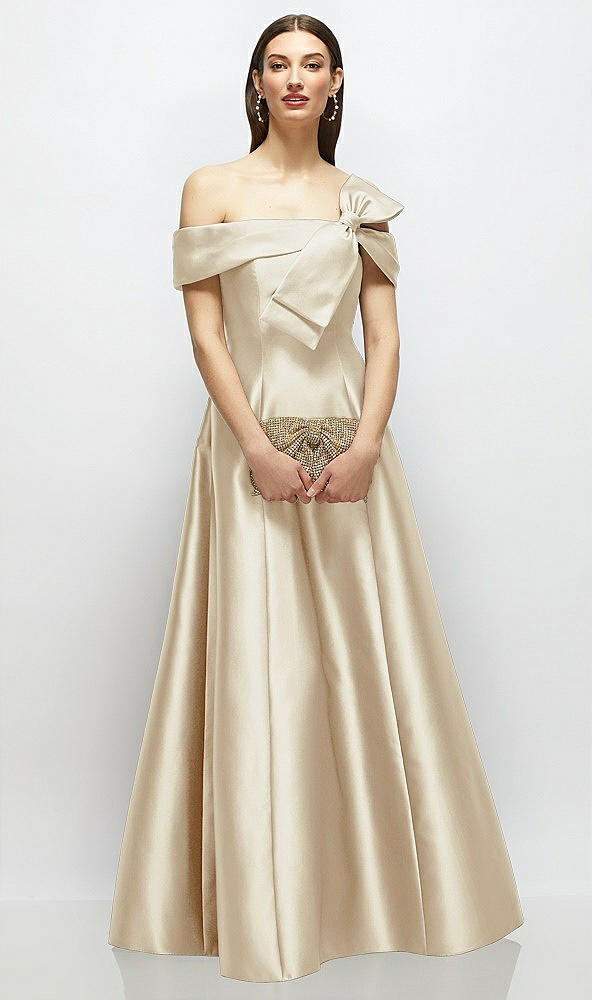 Front View - Champagne Asymmetrical Bow Off-Shoulder Satin Gown with Ballroom Skirt